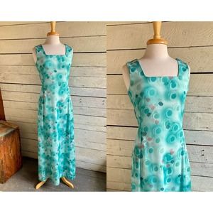 70s green polyester maxi dress Hal Ferman square neck sleeveless - 1970s